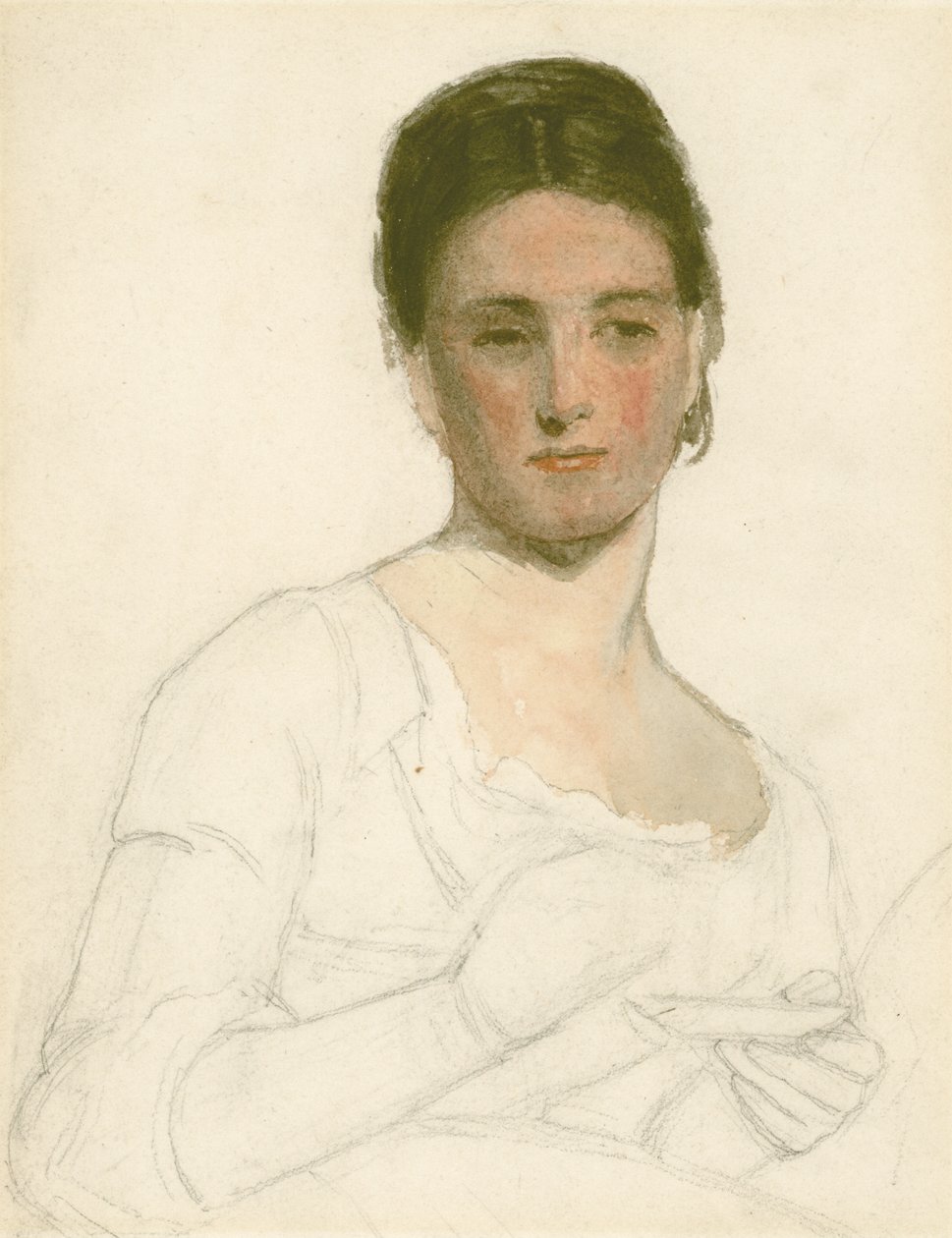 Skiss av en ung kvinna som håller en kopp och ett fat, ca 1875 (penna och wc på papper) av William Morris
