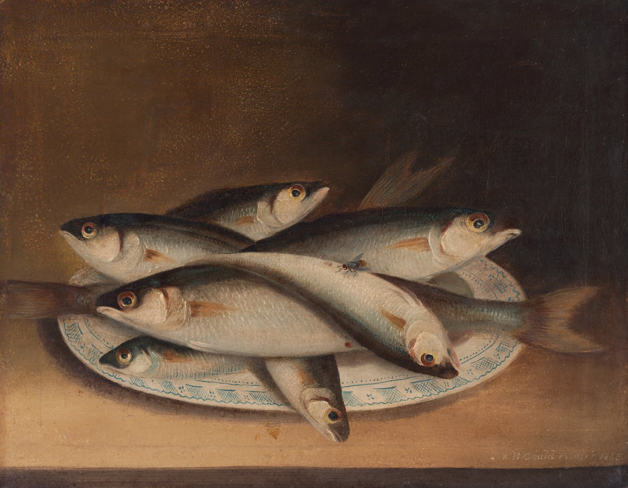 Fisk på en blå och vit tallrik av William Buelow Gould