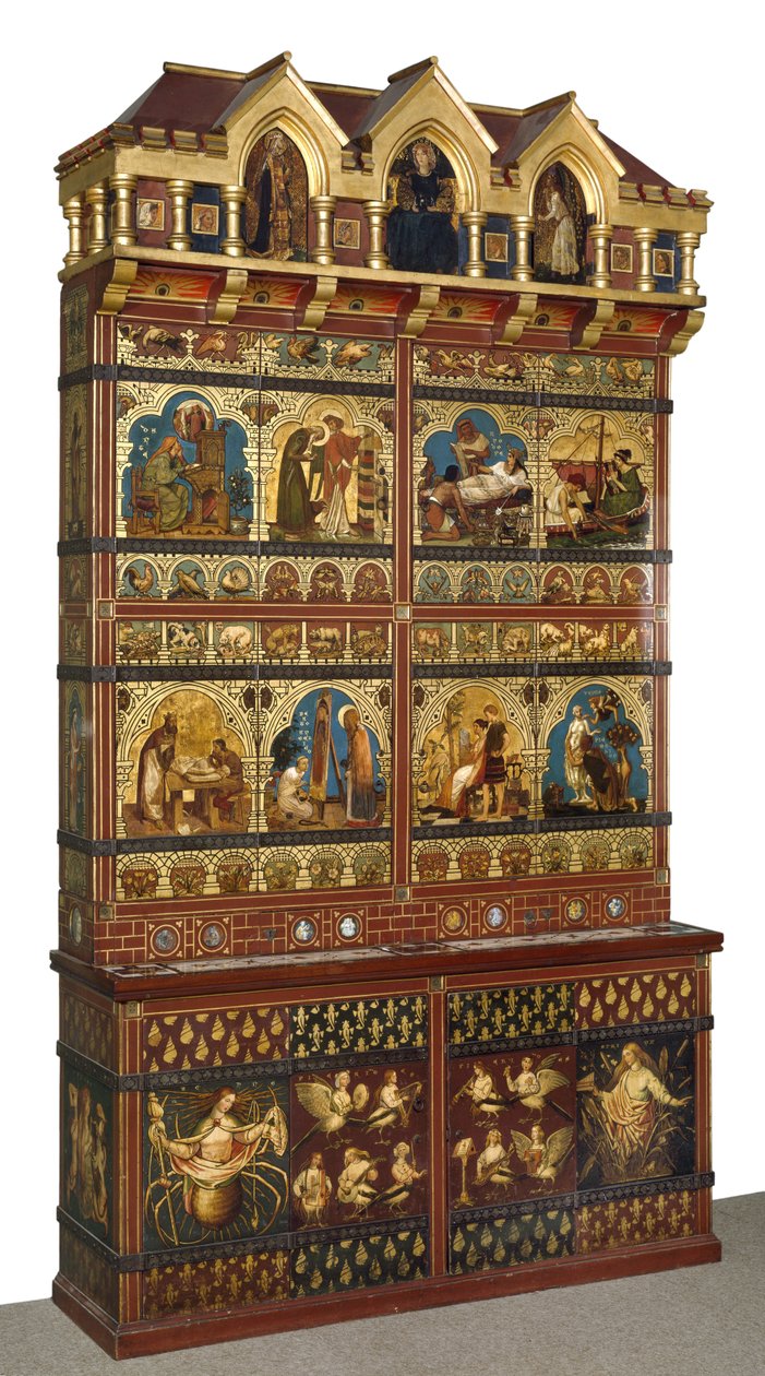 Stor bokhylla, 1856-62 (ek, snidad, målad och förgylld) av William Burges