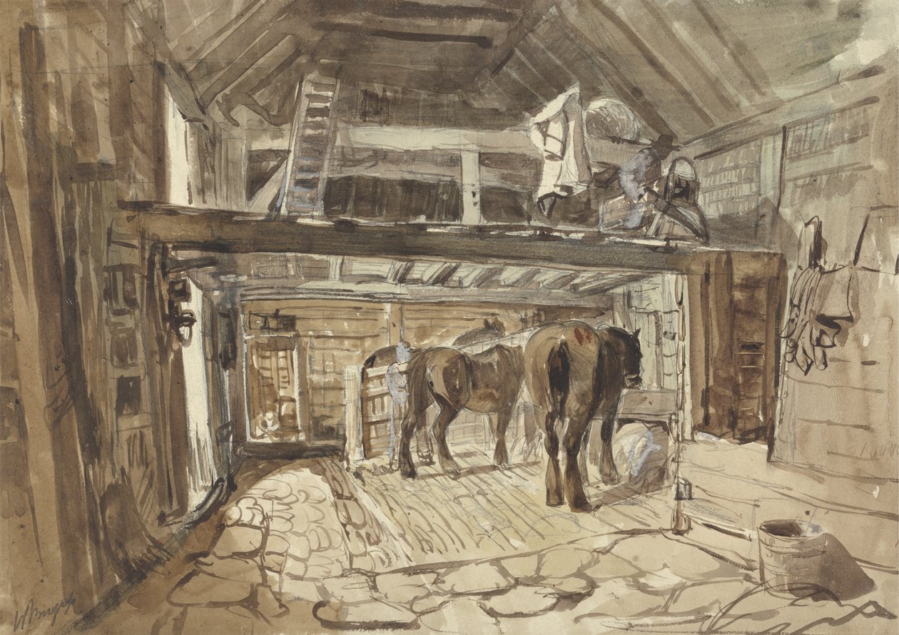 Inredning av ett stall, med två hästar som matas (grafit, penna och bläck med tvätt på papper) av Henry William Burgess