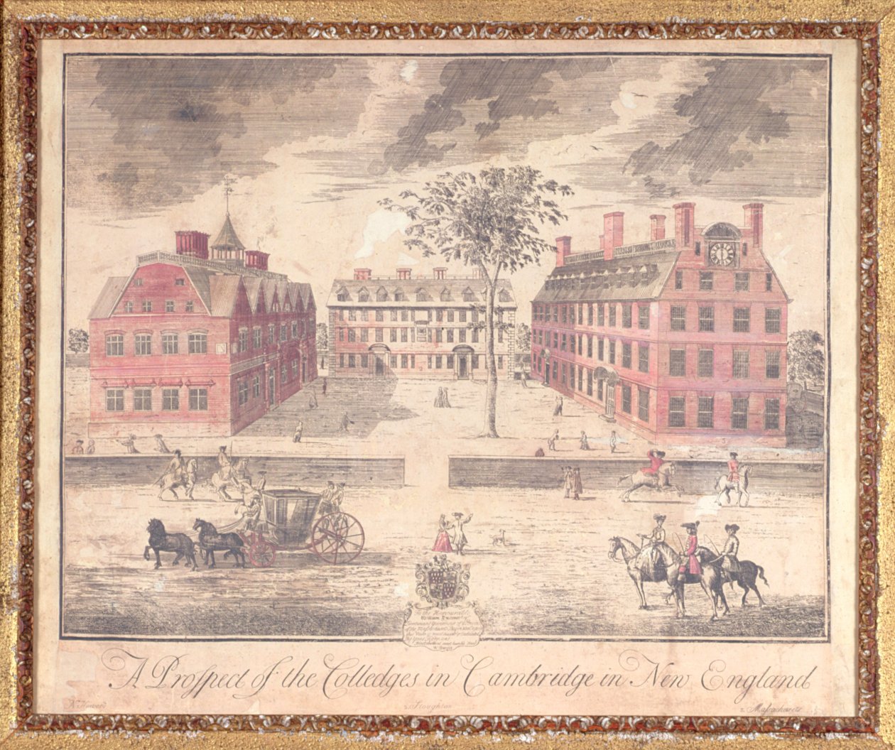 A Prospect of the Colleges in Cambridge in New England, gravyr som tillskrivs John Harris (fl.1686-1740), 1726 (handkolorerad gravyr) av William Burgis