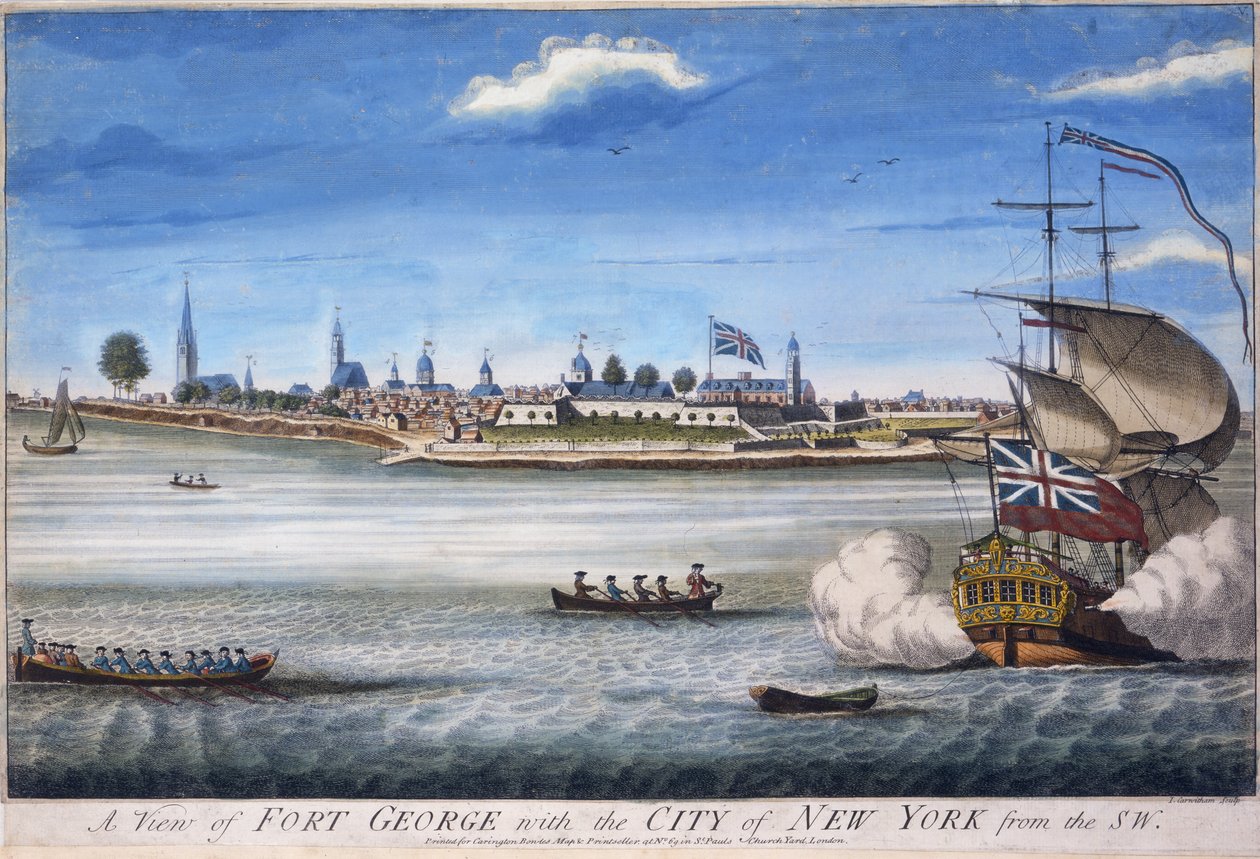 En utsikt över Fort George med staden New York från sydväst, graverad av John Carwitham, ca. 1764 handkolorerad gravyr av William Burgis