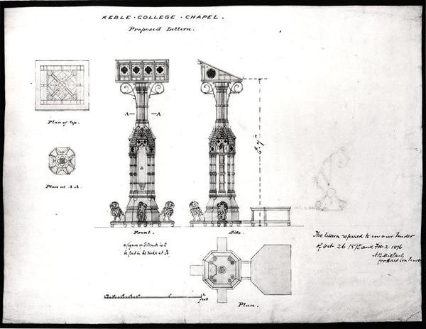 Design för en talarstol, Keble College Chapel, Oxford, 1875-76 (svart bläck, penna och akvarell) av William Butterfield