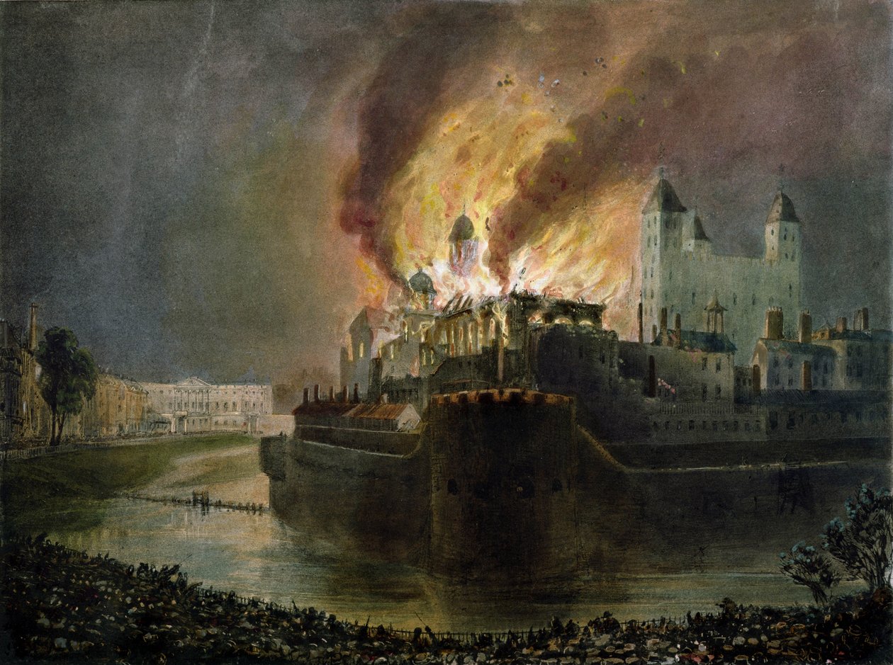 Förstörelse av det lilla vapenförrådet i Tower of London den 30 oktober 1841 (tryck av Ackermann) av William C. Smith