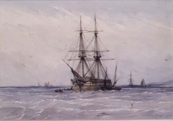 Brig at Anchor och båtar bredvid av William Callow