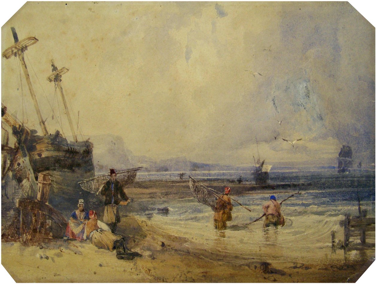 Havslandskap med fem figurer av William Callow