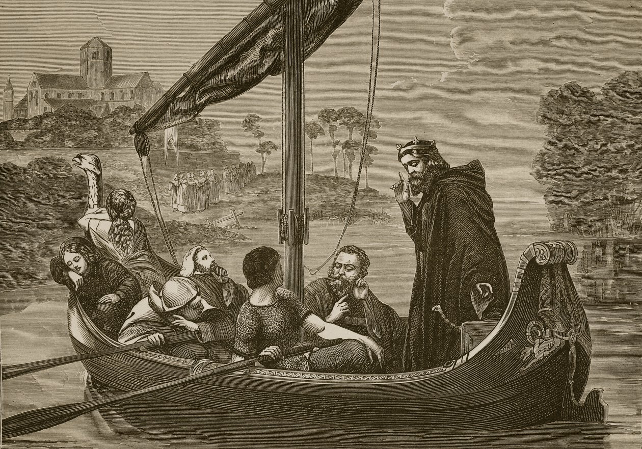 Knud på floden Nene lyssnar på kören av Ely Minster, graverad av F. Wentworth av William Cave Thomas