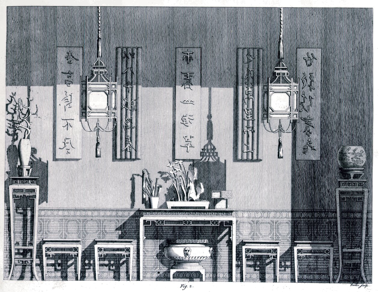 Interiör, Chambers, Sir William (1723-96) från Designs of Chinese Buildings, 1759, svartvit gravyr av William Chambers