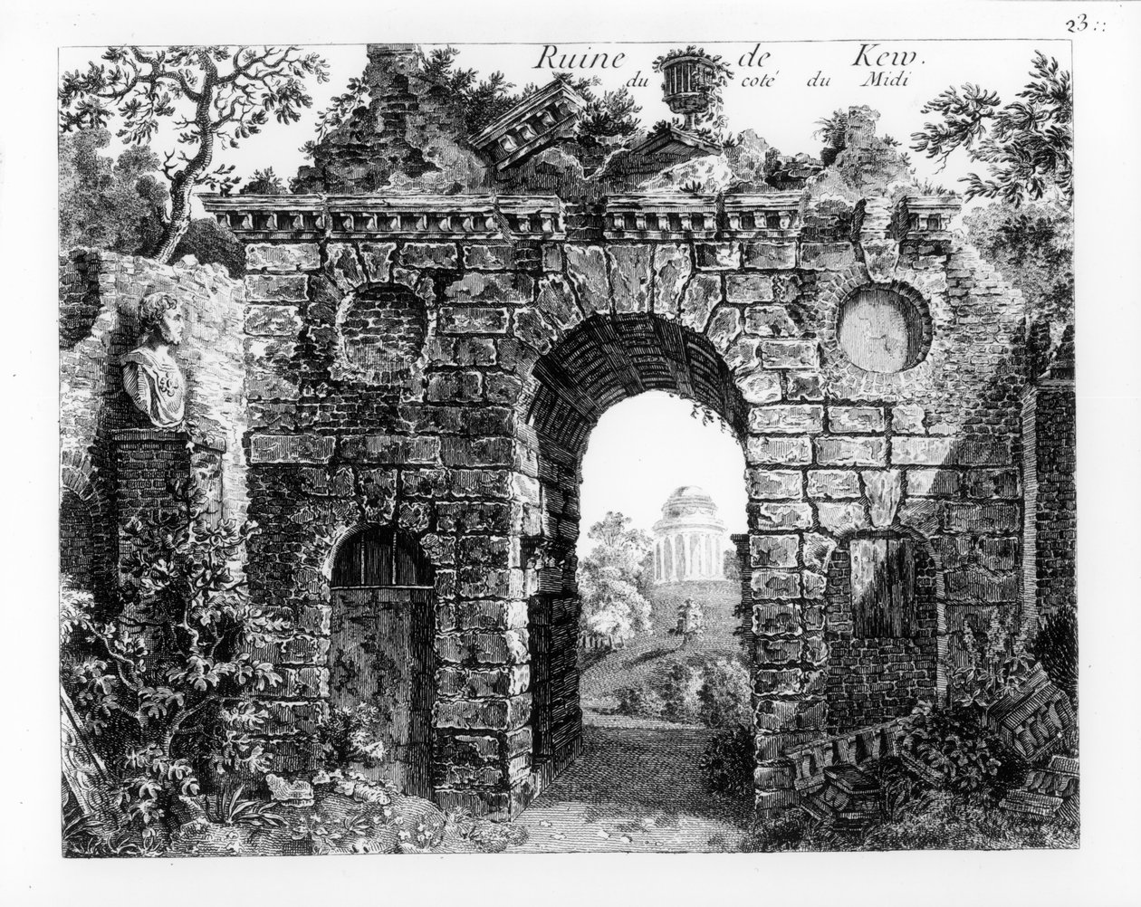 Ruiner i mitten av Kew Gardens, från "The Garden and Buildings at Kew in Surry", av Sir William Chambers, publicerad 1763, återpublicerad i "Jardins Anglo-Chinois a la Mode", av George Louis le R. av William Chambers