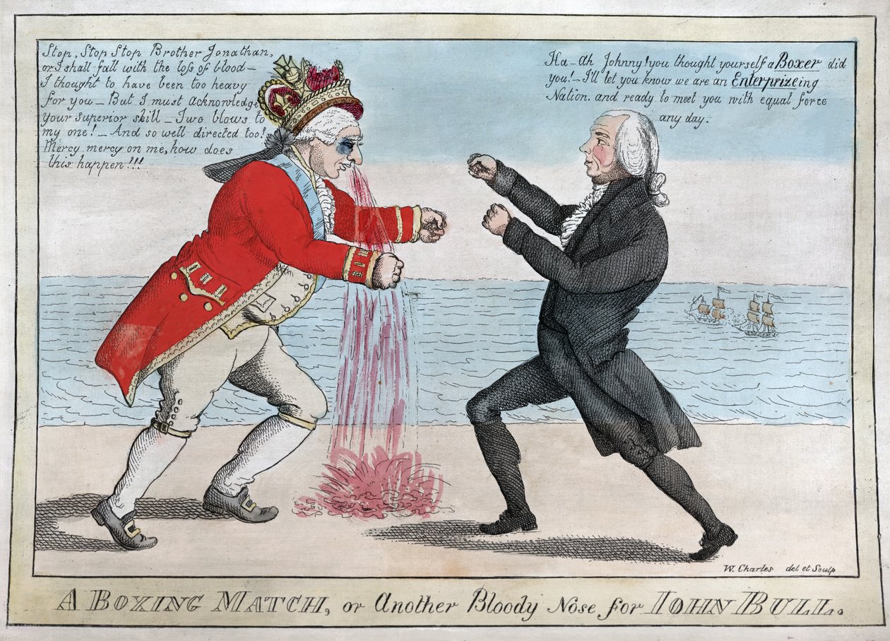 En boxningsmatch eller en annan blodig näsa för John Bull, pub. 1813 (handfärgad gravyr) av William Charles