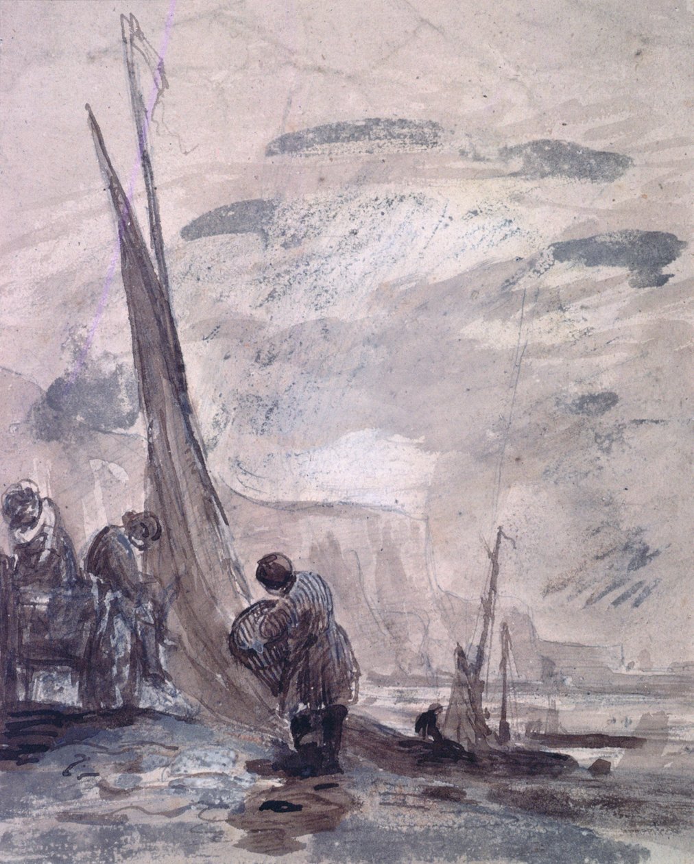 Figurer med vagn och båtar på stranden, nära klippor, 1800-tal av William Collins
