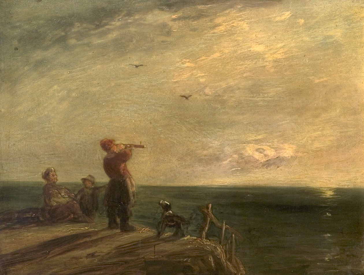 Havslandskap med figurer och hund, solnedgång av William Collins