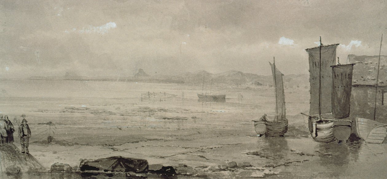 Seashore Study: Low Tide, with Fishing Boats and Fisherfolk, 1800-talet (akvarell) av William Collins