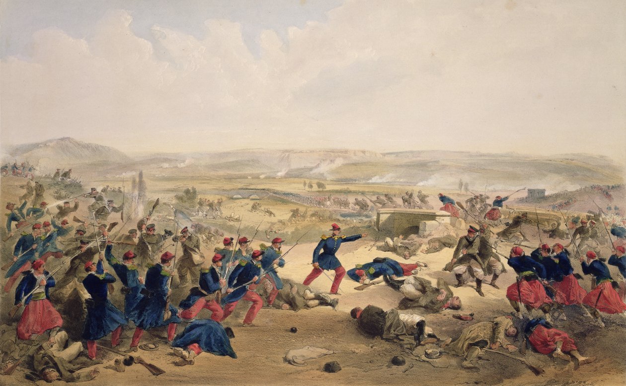 Slaget vid Tchernaya, 16 augusti 1855, skylt från "The Seat of War in the East", pub. av Paul und Dominic Colnaghi und Co., 1856 av William Crimea Simpson