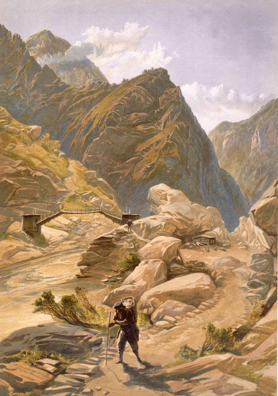 Bron över Sutlej vid Wangtoo, från "India Ancient and Modern", 1867 av William Crimea Simpson