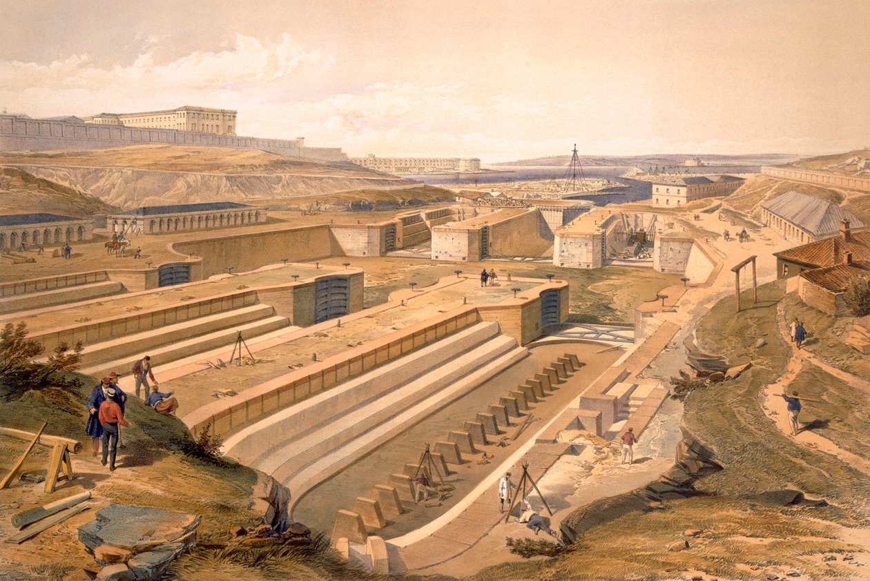 Dockar vid Sebastopol, tallrik från "The Seat of War in the East", pub. av Paul und Dominic Colnaghi und Co., 1856 av William Crimea Simpson