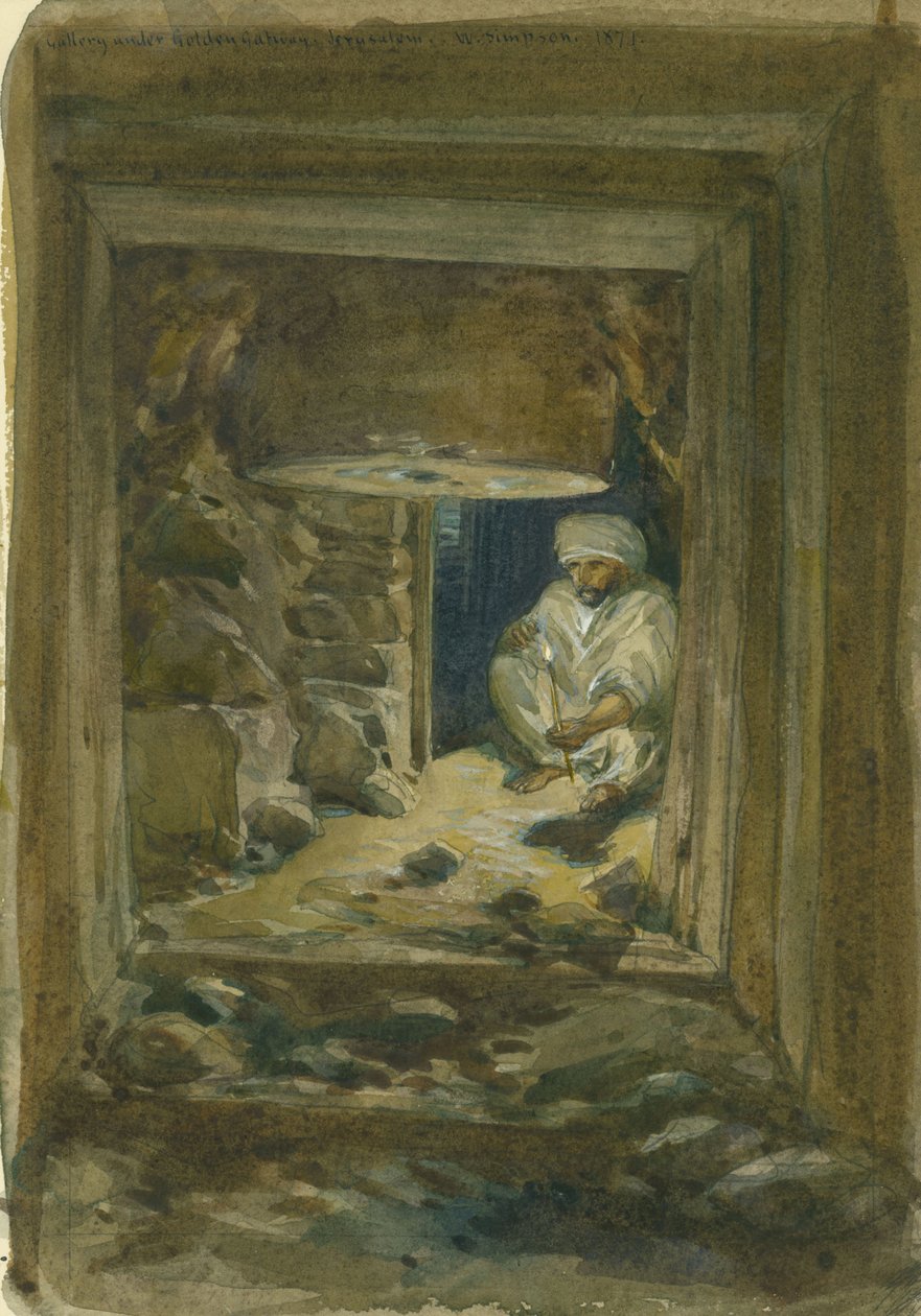 Galleriet under den gyllene porten, Jerusalem, 1871 (wc und penna på papper) av William Crimea Simpson