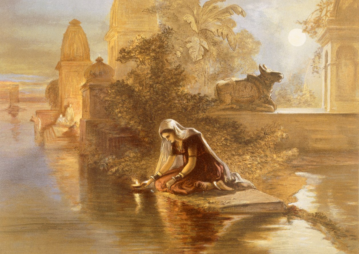 Indian Woman Floating Lamps on the Ganges, från "India Ancient and Modern", 1867 av William Crimea Simpson