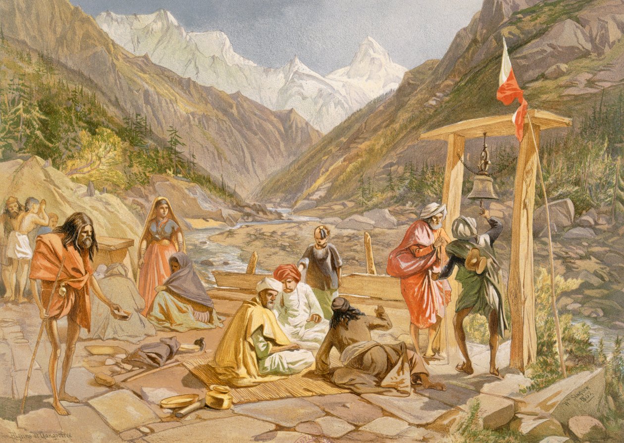 Pilgrimer vid Gangootree, från "India Ancient and Modern", 1867. av William Crimea Simpson