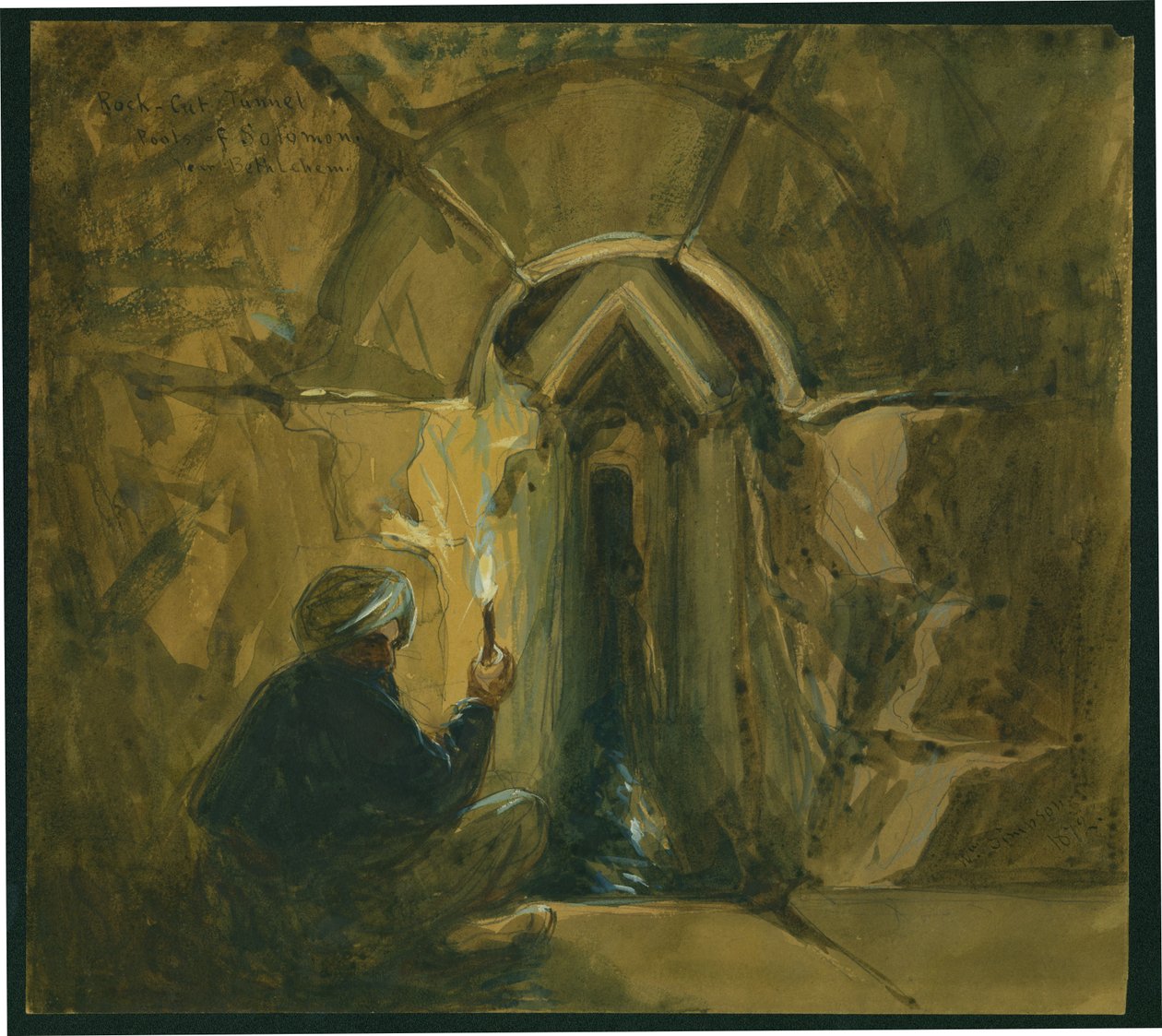 Tunnel i klippan, Salomons bassänger, nära Betlehem, 1872 (wc und penna på papper) av William Crimea Simpson