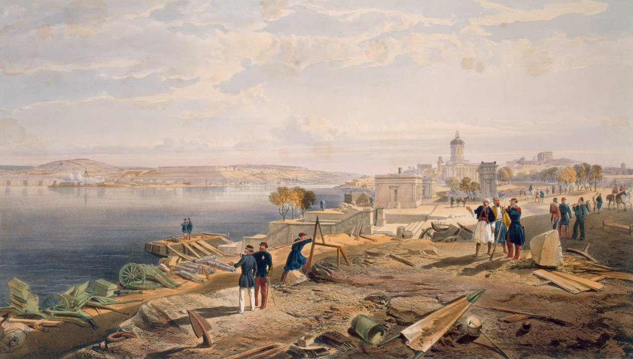 Sebastopol från baksidan av Fort Nicholas, tallrik från "The Seat of War in the East", pub. av Paul und Dominic Colnaghi und Co., 1856 av William Crimea Simpson