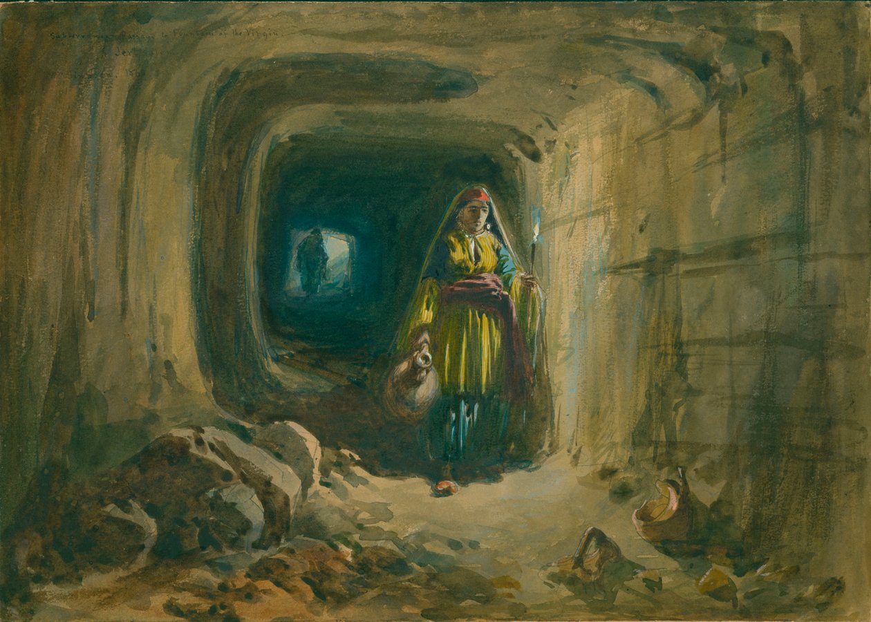 Underjordisk passage till jungfruns fontän, Jerusalem, 1869 (wc och penna på papper) av William Crimea Simpson