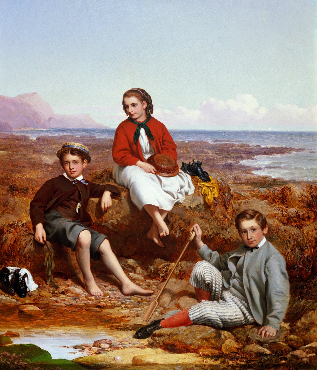 Florence, Arthur och Charles Moore vid en havsstrand, 1868 av William Crosby