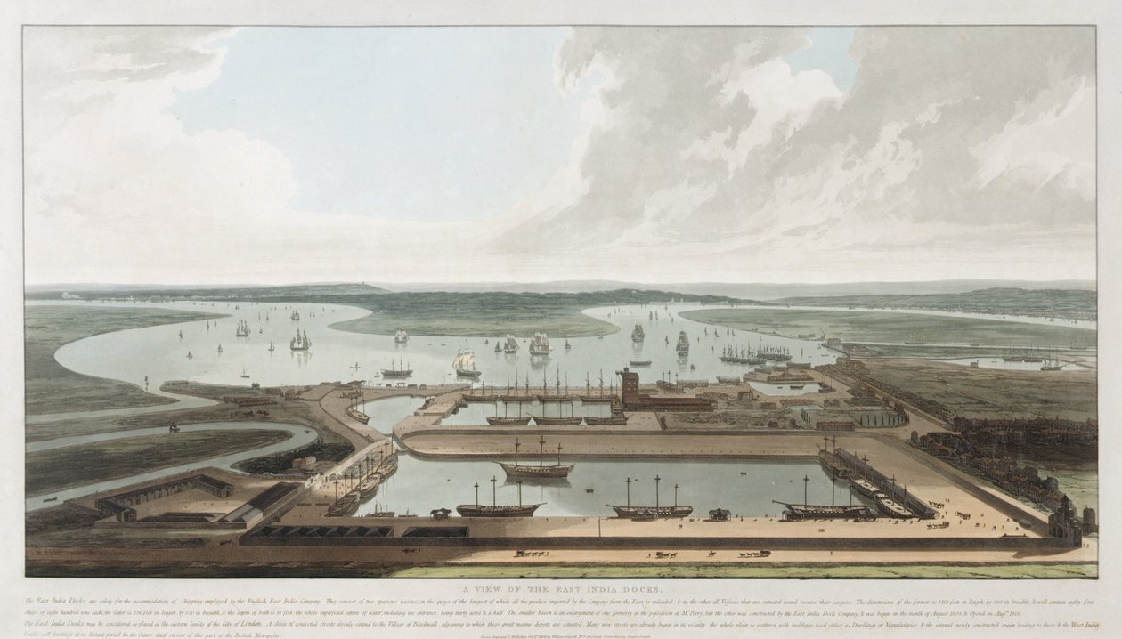 En utsikt över East India Docks, 1808 av William Daniell