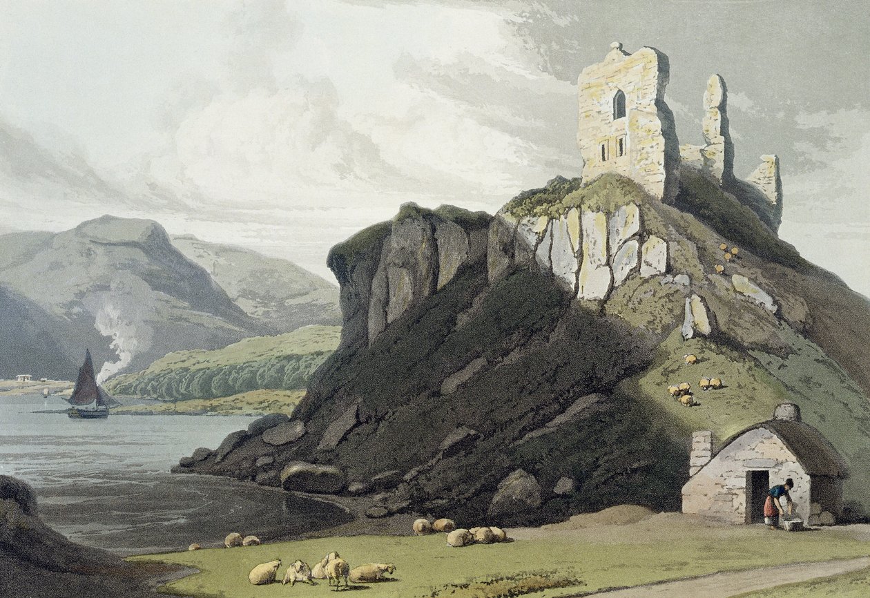 Aros Castle, Isle of Mull, från "A Voyage Around Great Britain Undertaken Between the Years 1814 and 1825" publicerad i London, 1818 (handfärgad gravyr) av William Daniell