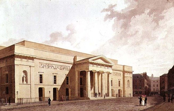 East Front of the 2nd Covent Garden Theatre, designad av Robert Smirke och visar Flaxman-paneler, 1809 av William Daniell