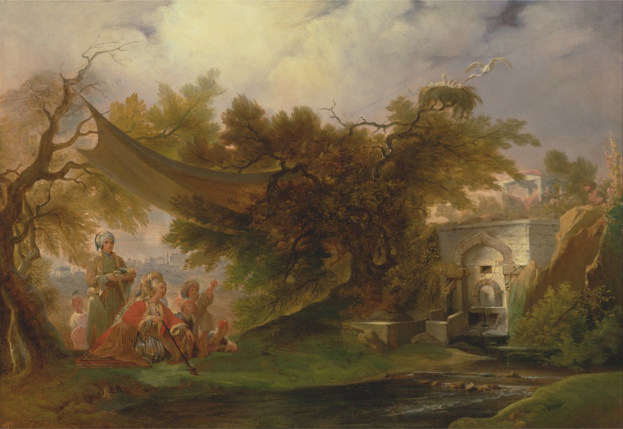 Indiskt landskap med figurer nära en bäck av William Daniell