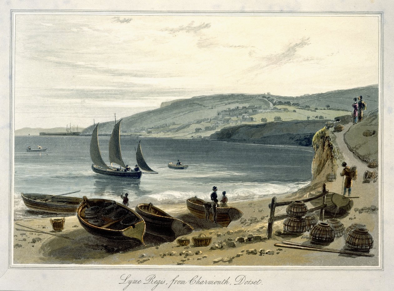 Lyme Regis, från Charmouth, Dorset, från "A Voyage Around Great Britain Undertaken between the Years 1814 and 1825" (akvatint) av William Daniell