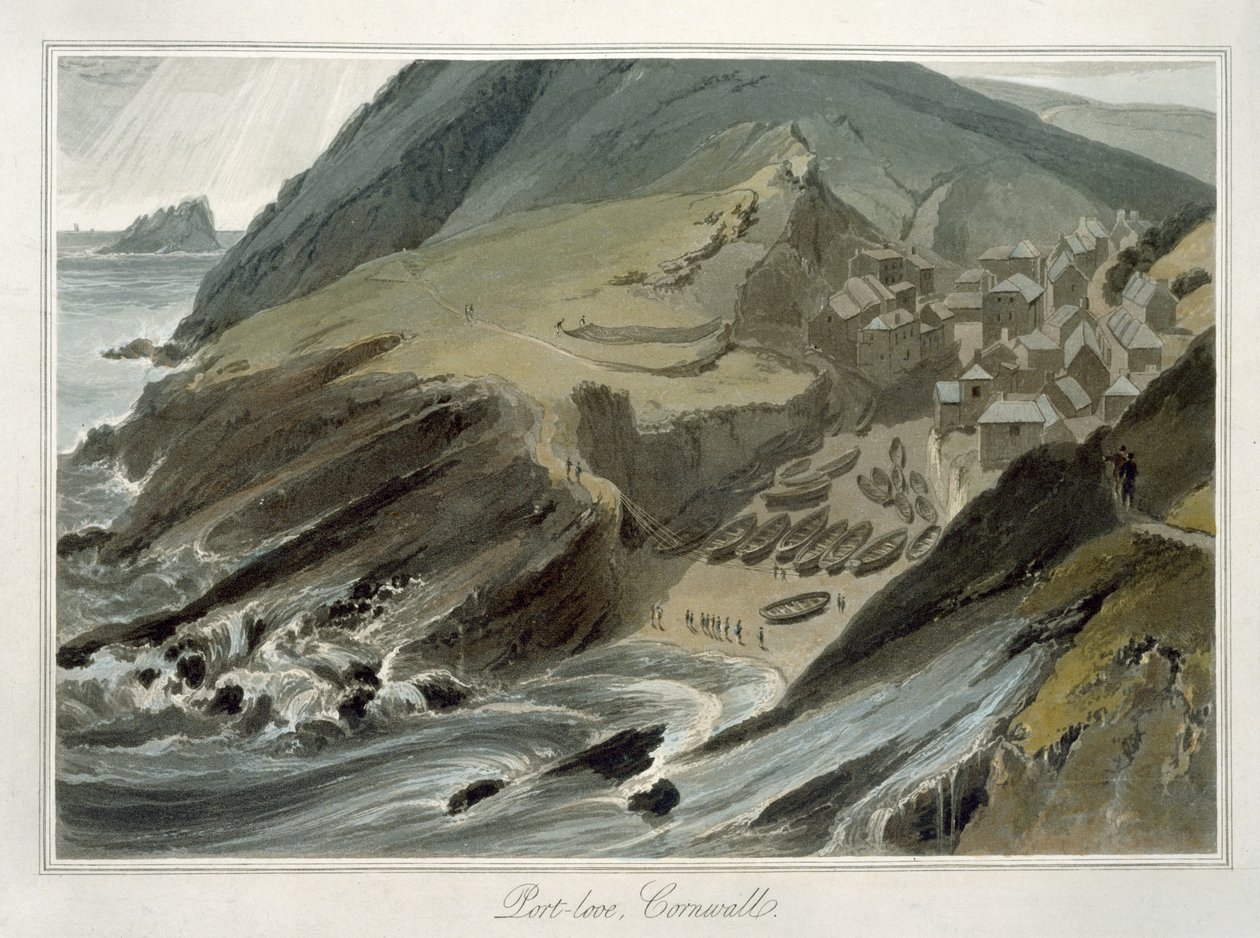 Port Looe, Cornwall, från "A Voyage Around Great Britain Undertaken between the Years 1814 and 1825" (akvatint) av William Daniell