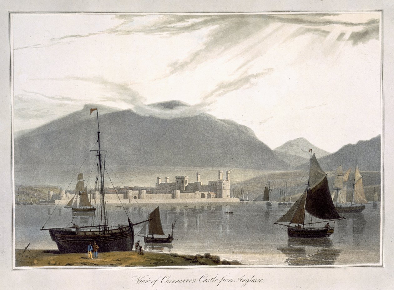 Utsikt över Caenarvon Castle från Anglesea, från "A Voyage Around Great Britain Undertaken between the Years 1814 and 1825", publicerad 1814. av William Daniell