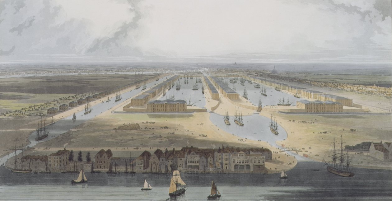 West India Trade Docks, från "Six Views of the London Docks", 1802 (färgad akvatint) av William Daniell