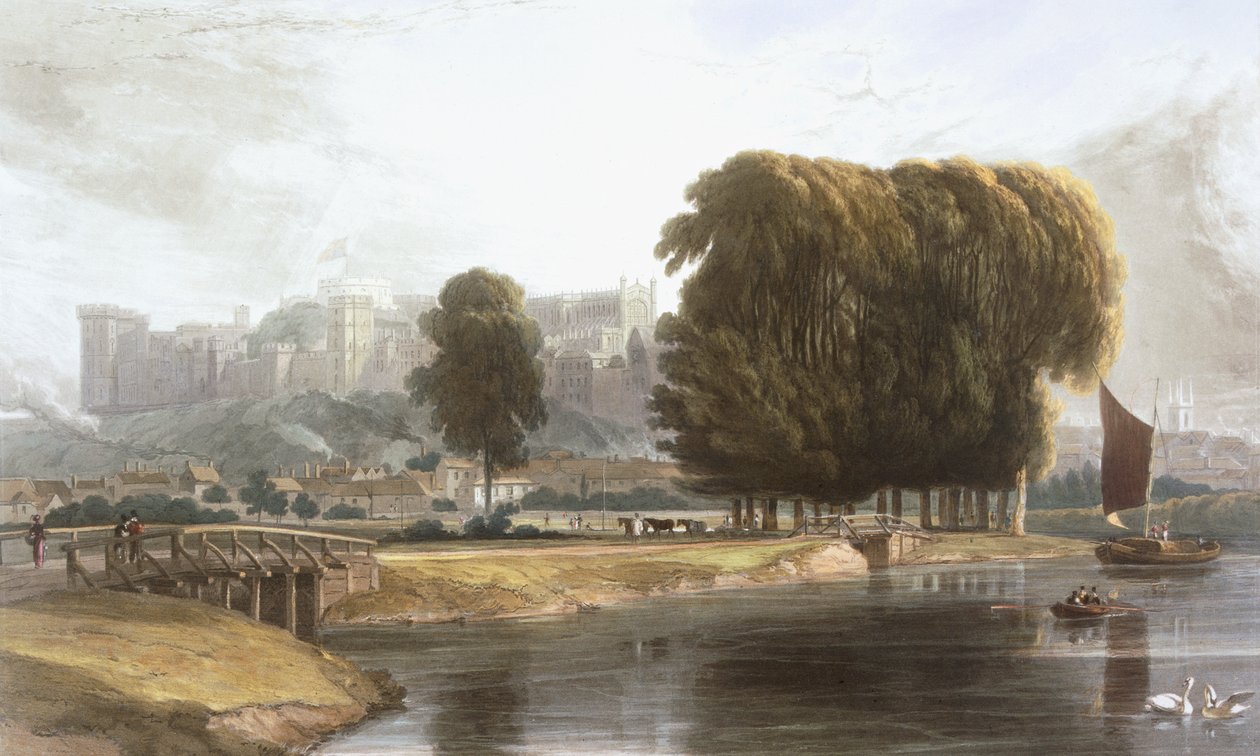 Windsor Castle från Brocas Meadow, från "Views of Windsor, Eton and Virginia Water", ca 1827-30 av William Daniell