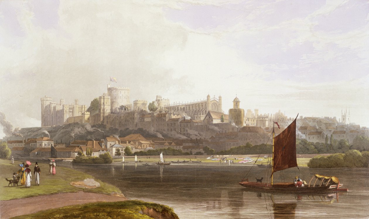 Windsor Castle från floden Meadow på Themsen, från en sammanställning av vyer av Windsor, Eton och Virginia Water, c.1827-30 av William Daniell