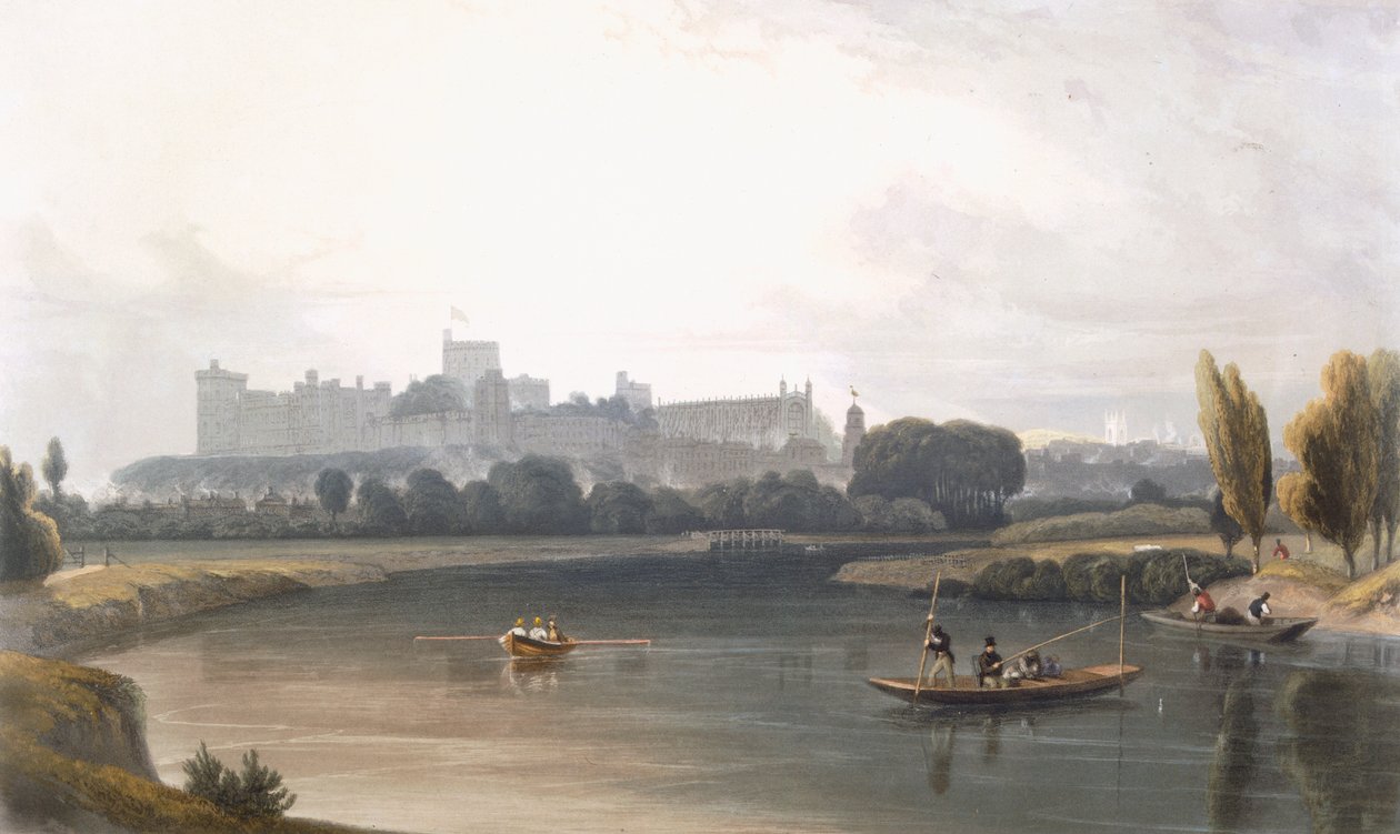 Windsor Castle från Themsen: utsikt västerut och fiske från pontar, från 