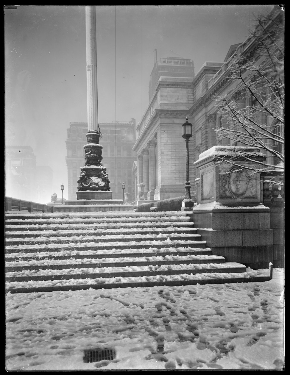 Nattvy av ingången till huvudgrenen av New York Public Library från de nordöstra trappan, i snön, 42nd Street och Fifth Avenue, New York City, 6 mars 1915 av William Davis Hassler
