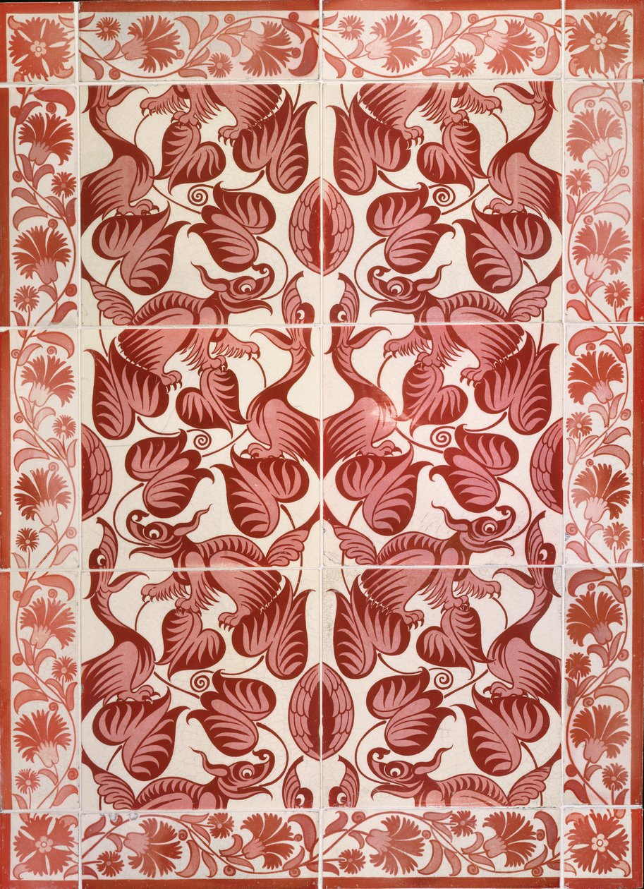 C.4-1941 Kakelplatta med upprepat mönster av fåglar, drakar och bladverk, ca 1882-88 (lergods med glansglasyr) av William de Morgan