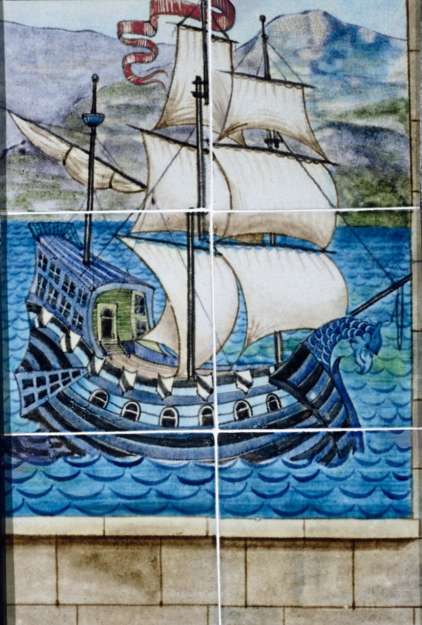 Sex brickor föreställande en galjon (keramik) av William de Morgan