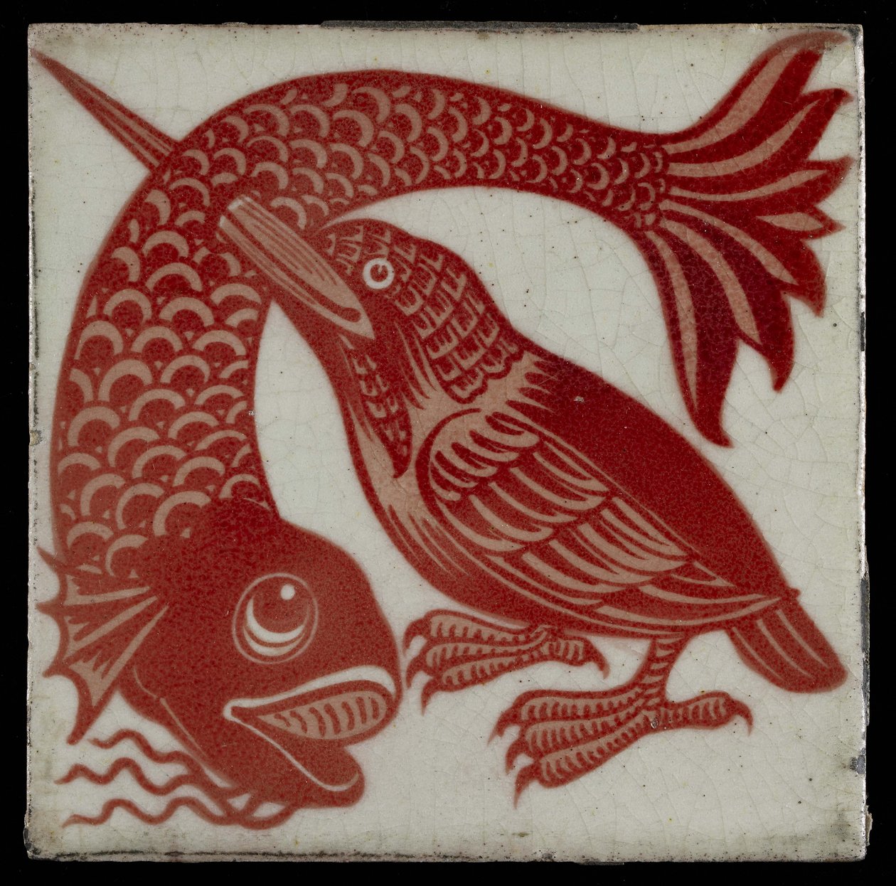 Kakel med kungsfiskare med näbb genom fisk, 1882-88 (rött och vitt lergods) av William de Morgan