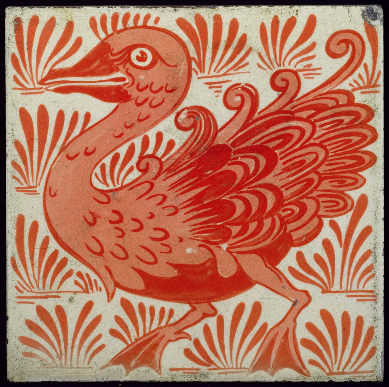 Kakel med stiliserad fågeldesign (keramik) av William de Morgan