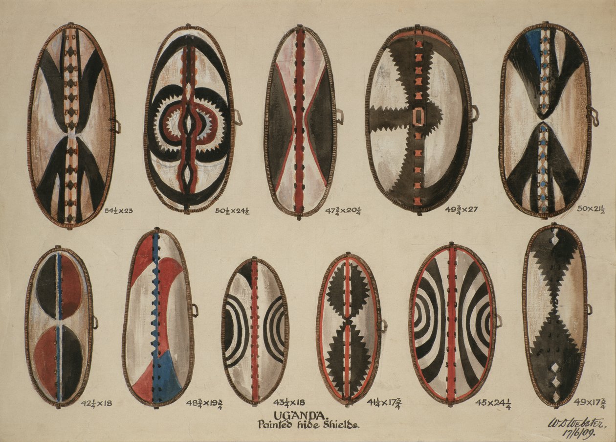Uganda - Målade skinnsköldar, 1909 (wc på papper) av William Downing Webster