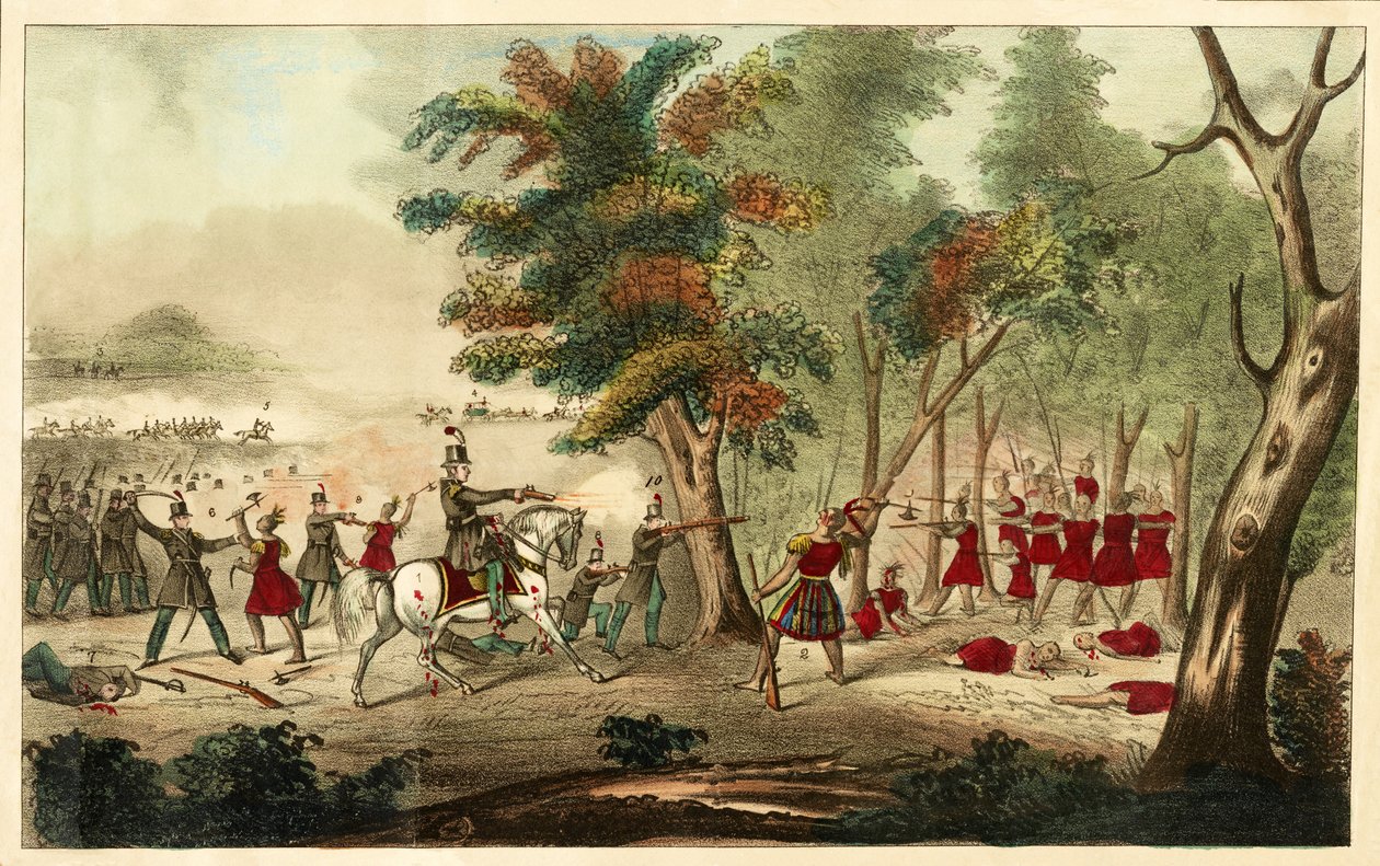 Slaget vid Themsen och Tecumsehs död, av Kentucky Mounted Volunteers ledd av överste Richard M. Johnson, 5 oktober 1813, 1833 (handfärgad litho) av William Emmons