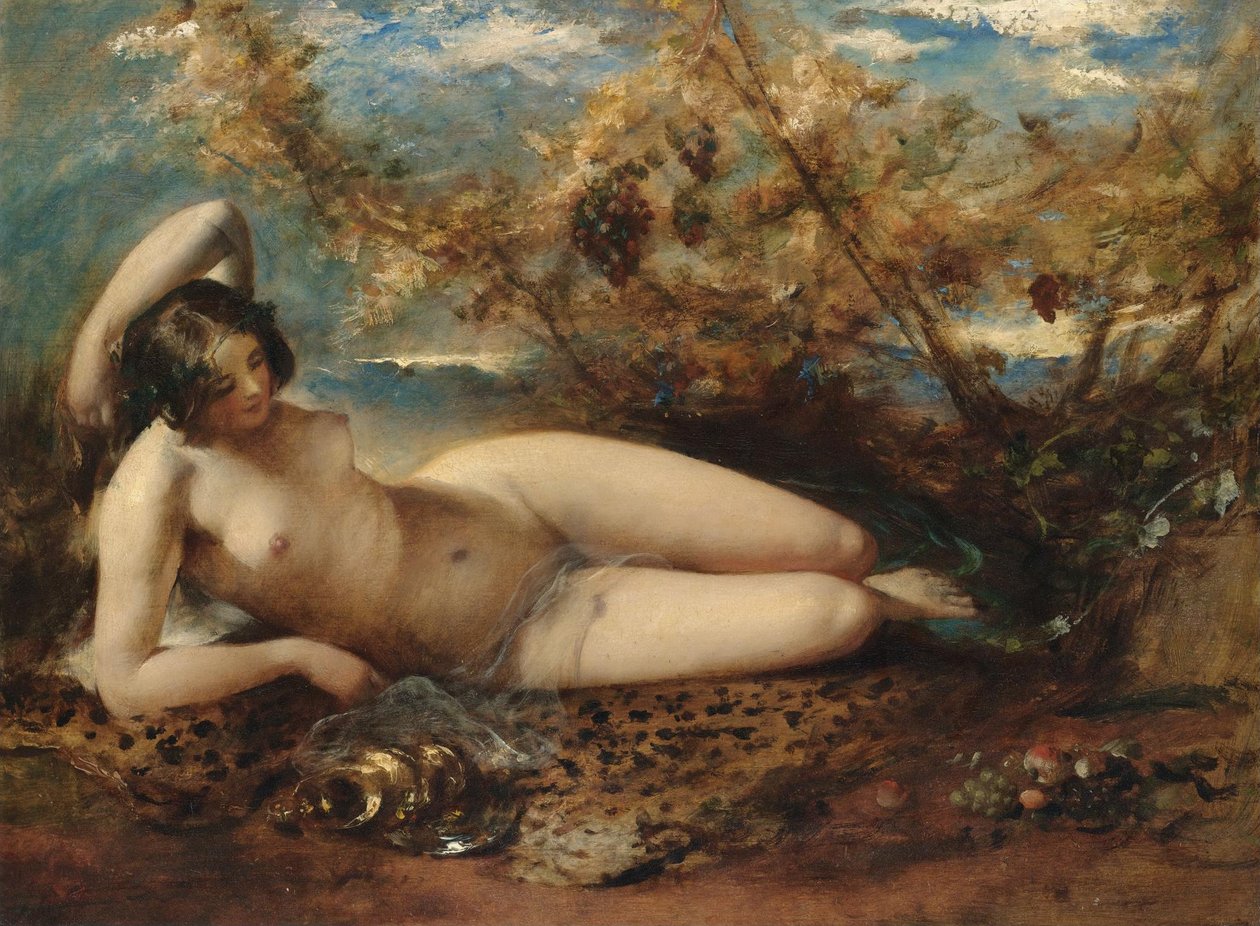 A young women reclining on a fur rug av William Etty