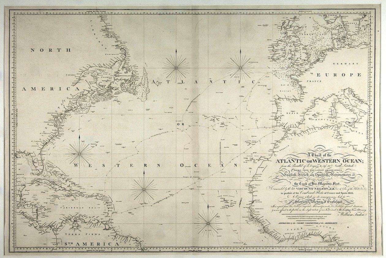 Ett diagram över Atlanten eller västra oceanen, som visar spåret av Nelsons flotta, 12 maj-15 augusti 1805, 1807 av William Faden