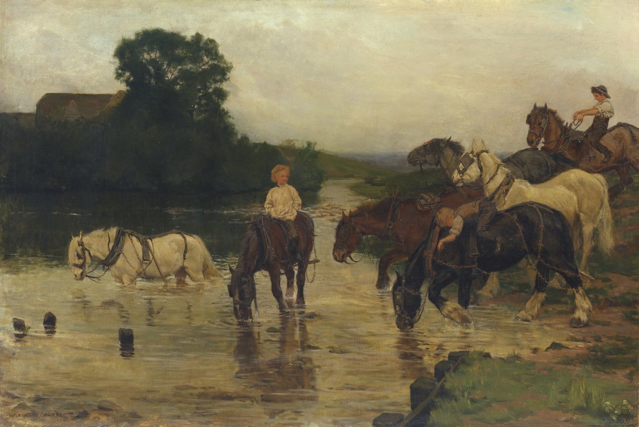 Badande hästar efter jobbet, 1884 av William Frank Calderon