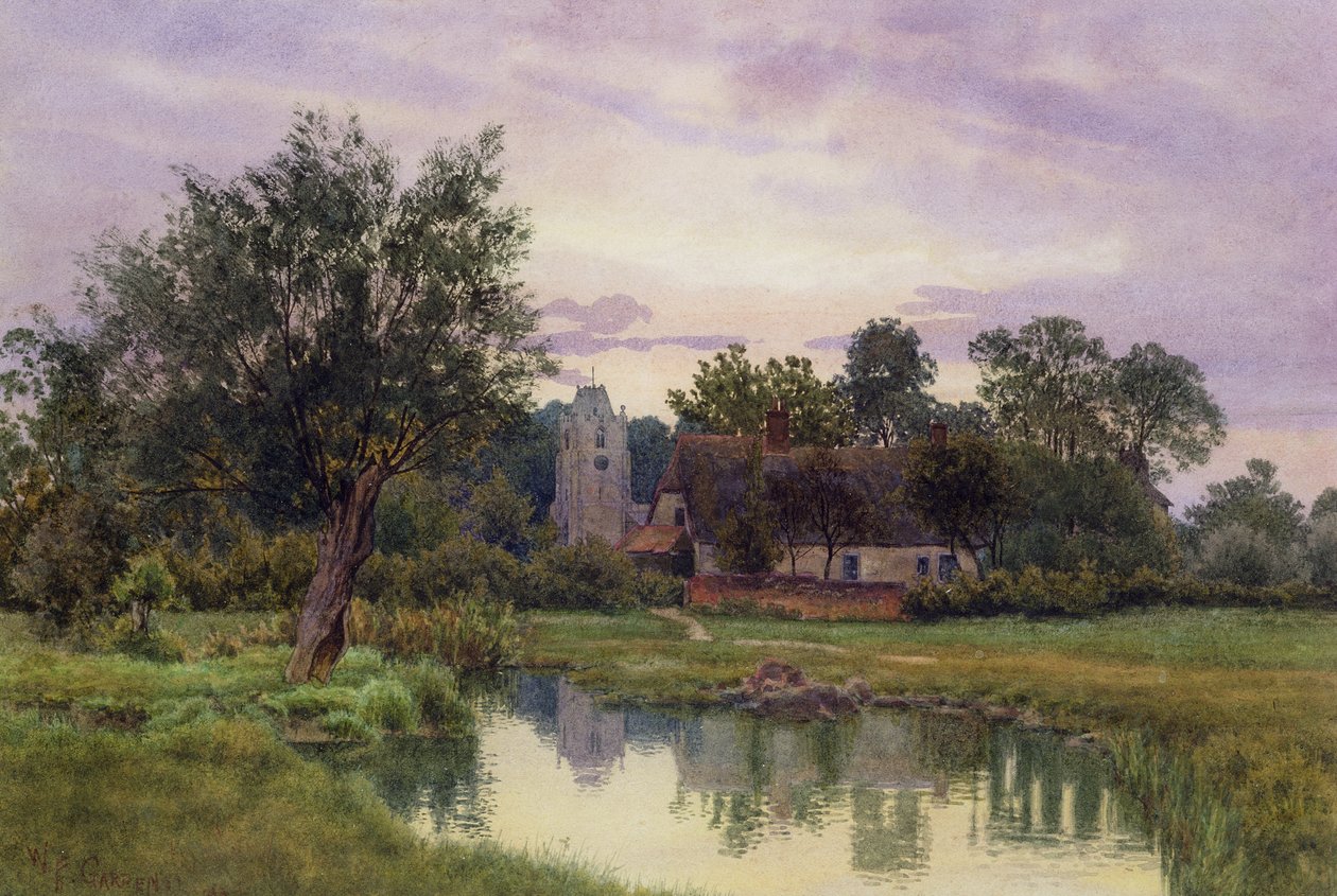 Evening, Hemingford Grey Church, Huntingdonshire (wc på papper) av William Fraser Garden