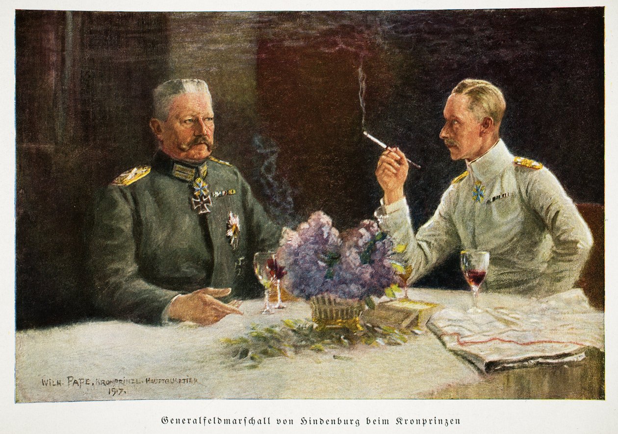 William, Tysklands kronprins och generalfältmarskalk Von Hindenburg på Kronprinzen, pub. 1917 av William Friedrich Georg Pape